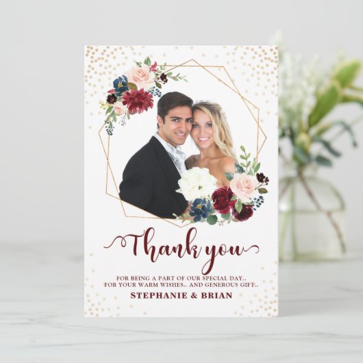 Burgundy Red Navy Floral Geometric Vielen Dank Dankeskarte (Stehend Vorderseite)