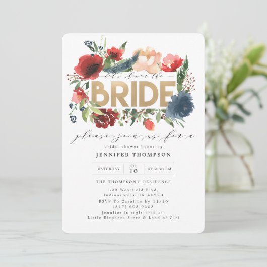 Burgundy Red Navy Floral Gold Foil Brautparty Einladung (Stehend Vorderseite)