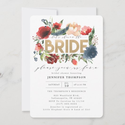 Burgundy Red Navy Floral Gold Foil Brautparty Einladung (Vorderseite)