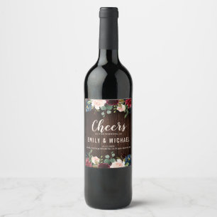 Burgundy Red Navy Floral Holzes Hochzeitslabel Weinetikett