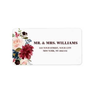 Burgundy Red Navy Floral Rustic Boho Adressetikett