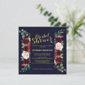 Burgundy Red Navy Floral Rustic Boho Brautparty Einladung (Stehend Vorderseite)