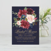 Burgundy Red Navy Floral Rustic Boho Brautparty Einladung (Stehend Vorderseite)