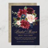 Burgundy Red Navy Floral Rustic Boho Brautparty Einladung (Vorne/Hinten)