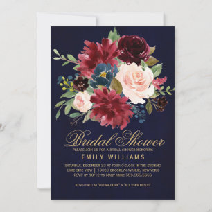 Burgundy Red Navy Floral Rustic Boho Brautparty Einladung