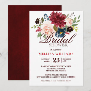 Burgundy Red Navy Floral Rustic Boho Brautparty Einladung