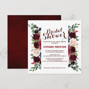 Burgundy Red Navy Floral Rustic Boho Brautparty Einladung