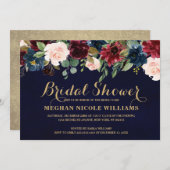 Burgundy Red Navy Floral Rustic Boho Brautparty Einladung (Vorne/Hinten)