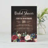 Burgundy Red Navy Floral Rustic Boho Brautparty Einladung (Stehend Vorderseite)