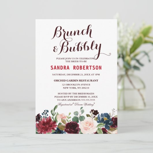 Burgundy Red Navy Floral Rustic Boho Brautparty Einladung (Stehend Vorderseite)