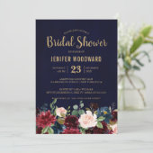 Burgundy Red Navy Floral Rustic Boho Brautparty Einladung (Stehend Vorderseite)