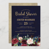 Burgundy Red Navy Floral Rustic Boho Brautparty Einladung (Vorne/Hinten)