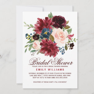 Burgundy Red Navy Floral Rustic Boho Brautparty Einladung