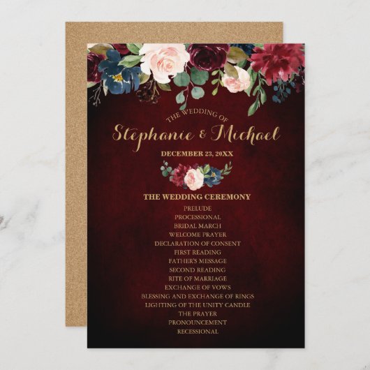 Burgundy Red Navy Floral Rustic Boho Fan Front Einladung (Vorne/Hinten)