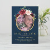 Burgundy Red Navy Floral Rustic Boho Foto Save The Date (Stehend Vorderseite)