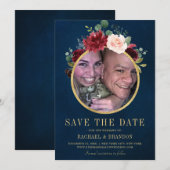 Burgundy Red Navy Floral Rustic Boho Foto Save The Date (Vorne/Hinten)