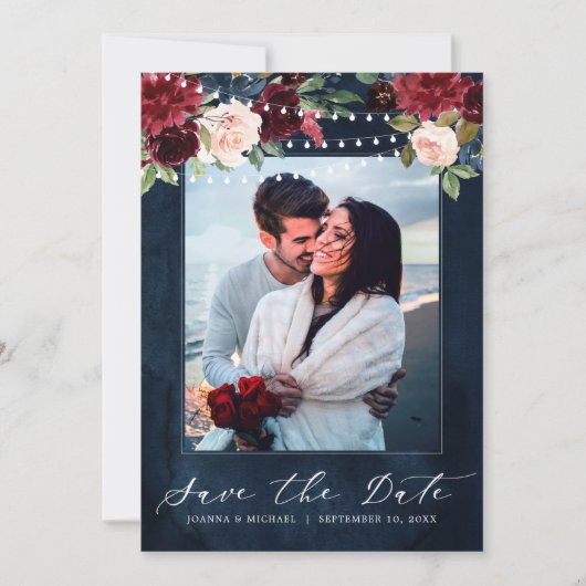 Burgundy Red Navy Floral Rustic Boho Foto Save The Date (Vorderseite)
