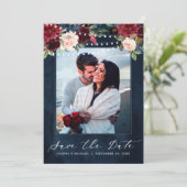 Burgundy Red Navy Floral Rustic Boho Foto Save The Date (Stehend Vorderseite)