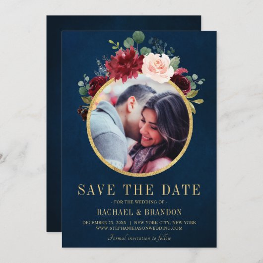 Burgundy Red Navy Floral Rustic Boho Foto Save The Date (Vorne/Hinten)