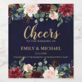 Burgundy Red Navy Floral Rustic Boho Hochzeitslabe Weinetikett (Einzelnes Label)