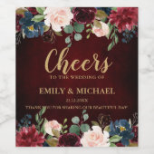 Burgundy Red Navy Floral Rustic Boho Hochzeitslabe Weinetikett (Einzelnes Label)