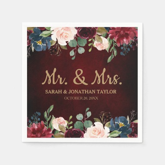 Burgundy Red Navy Floral Rustic Boho Paper Napkin Serviette (Vorderseite)