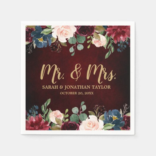 Burgundy Red Navy Floral Rustic Boho Paper Napkin Serviette (Vorderseite)