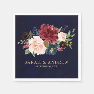 Burgundy Red Navy Floral Rustic Boho Paper Napkin Serviette