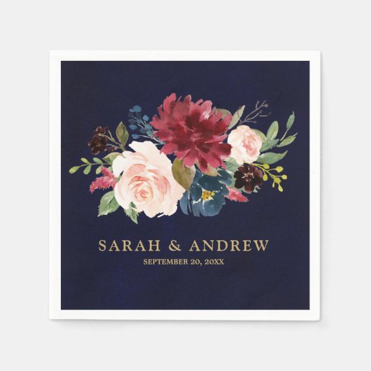 Burgundy Red Navy Floral Rustic Boho Paper Napkin Serviette (Vorderseite)