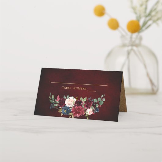 Burgundy Red Navy Floral Rustic Boho Platzkarte (Vorderseite)