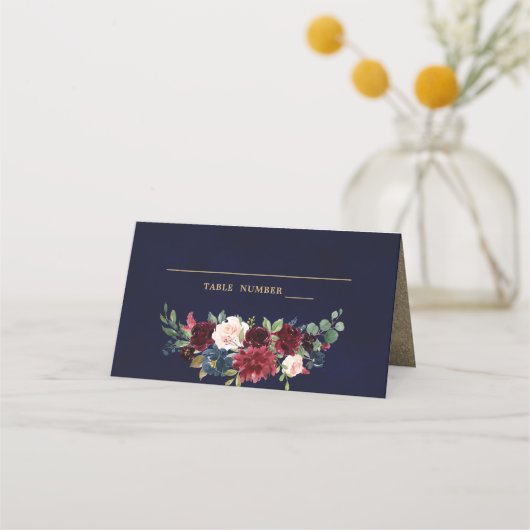 Burgundy Red Navy Floral Rustic Boho Platzkarte (Vorderseite)