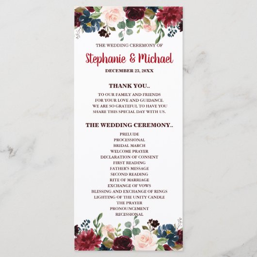 Burgundy Red Navy Floral Rustic Boho Programmkarte Programm (Vorderseite)