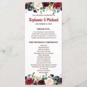 Burgundy Red Navy Floral Rustic Boho Programmkarte Programm