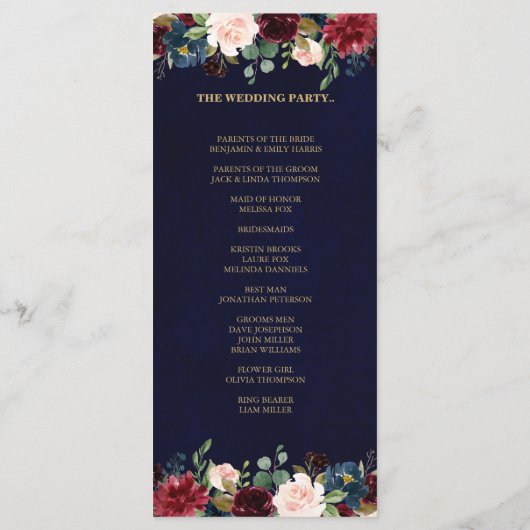 Burgundy Red Navy Floral Rustic Boho Programmkarte Programm (Rückseite)