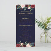 Burgundy Red Navy Floral Rustic Boho Programmkarte Programm (Stehend Vorderseite)