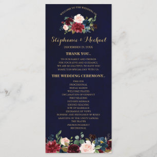 Burgundy Red Navy Floral Rustic Boho Programmkarte Programm