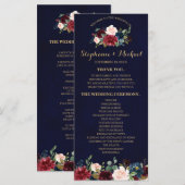 Burgundy Red Navy Floral Rustic Boho Programmkarte Programm (Vorne/Hinten)