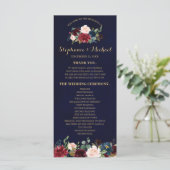 Burgundy Red Navy Floral Rustic Boho Programmkarte Programm (Stehend Vorderseite)