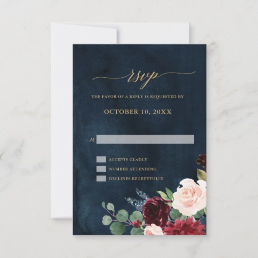 Burgundy Red Navy Floral Rustic Boho RSVP Karte (Vorderseite)