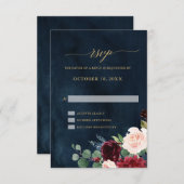 Burgundy Red Navy Floral Rustic Boho RSVP Karte (Vorne/Hinten)