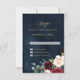 Burgundy Red Navy Floral Rustic Boho RSVP Karte