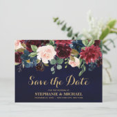 Burgundy Red Navy Floral Rustic Boho Save the Date (Stehend Vorderseite)