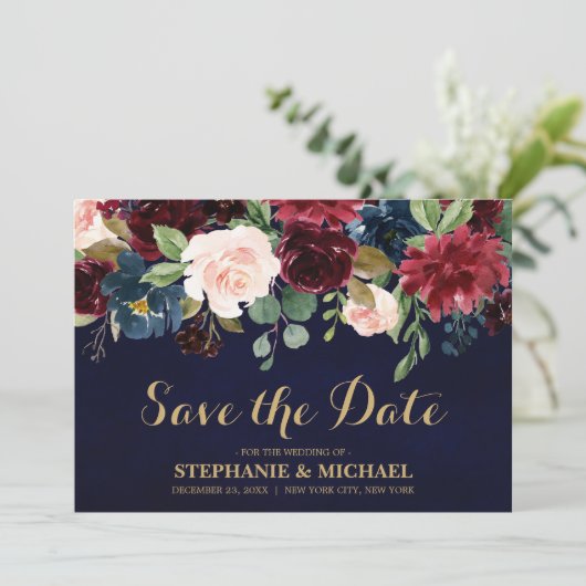 Burgundy Red Navy Floral Rustic Boho Save the Date (Stehend Vorderseite)