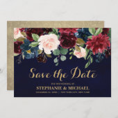 Burgundy Red Navy Floral Rustic Boho Save the Date (Vorne/Hinten)