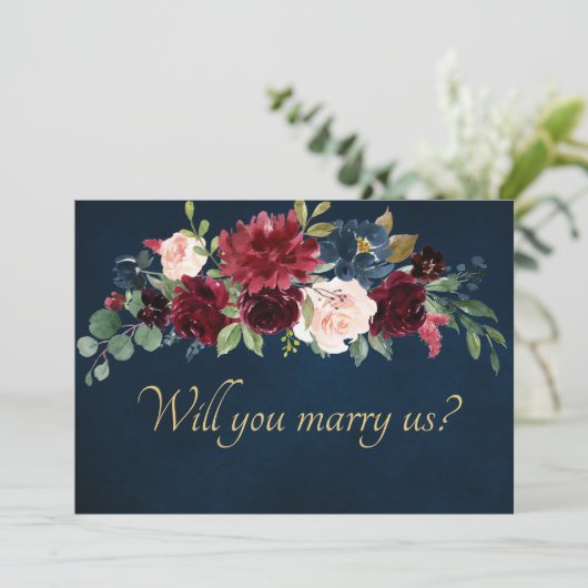 Burgundy Red Navy Floral Rustic Boho Save The Date (Stehend Vorderseite)