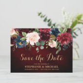 Burgundy Red Navy Floral Rustic Boho Save the Date (Stehend Vorderseite)