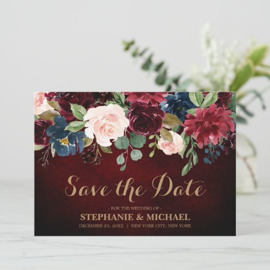 Burgundy Red Navy Floral Rustic Boho Save the Date (Stehend Vorderseite)