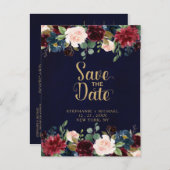 Burgundy Red Navy Floral Rustic Boho Save the Date Ankündigungspostkarte (Vorne/Hinten)