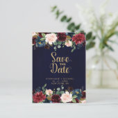 Burgundy Red Navy Floral Rustic Boho Save the Date Ankündigungspostkarte (Stehend Vorderseite)