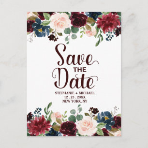 Burgundy Red Navy Floral Rustic Boho Save the Date Ankündigungspostkarte